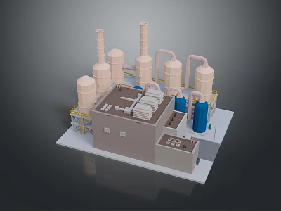Industrial Processing Facility 3D Model With Towers Pipelines Blue Containers And Gray Structure 3d model