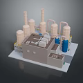 Industrial Processing Facility 3D Model With Towers Pipelines Blue Containers And Gray Structure
