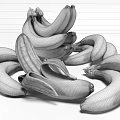 Fresh Ripe Yellow Banana Bunches With a Peeled One on Gray Background