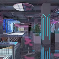 Modern Bar Interior With Neon Lights Bar Counter Black Stools Drinks Shelves And Green Plants