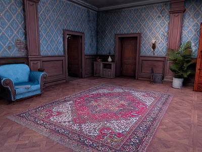 Elegant Interior Scene With Blue Sofa Wooden Paneling Patterned Wallpaper Large Rug And Herringbone Floor 3d model