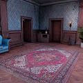 Elegant Interior Scene With Blue Sofa Wooden Paneling Patterned Wallpaper Large Rug And Herringbone Floor