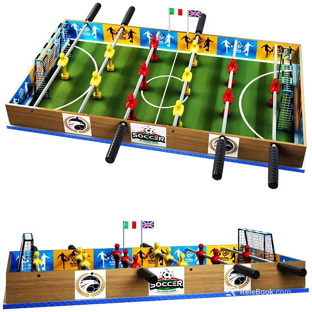 Classic Foosball Table Design With Colorful Red Yellow Players Wooden Handles And Goal Posts 3d model 