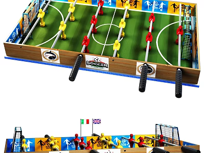 Classic Foosball Table Design With Colorful Red Yellow Players Wooden Handles And Goal Posts 3d model
