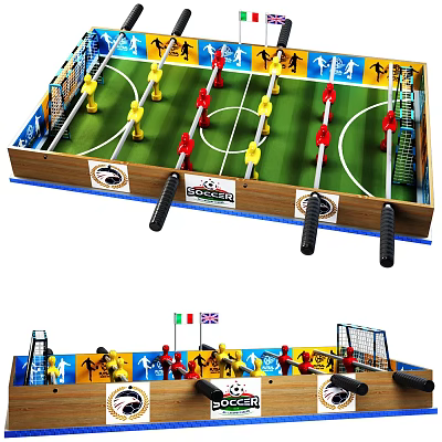 Classic Foosball Table Design With Colorful Red Yellow Players Wooden Handles And Goal Posts 3d model