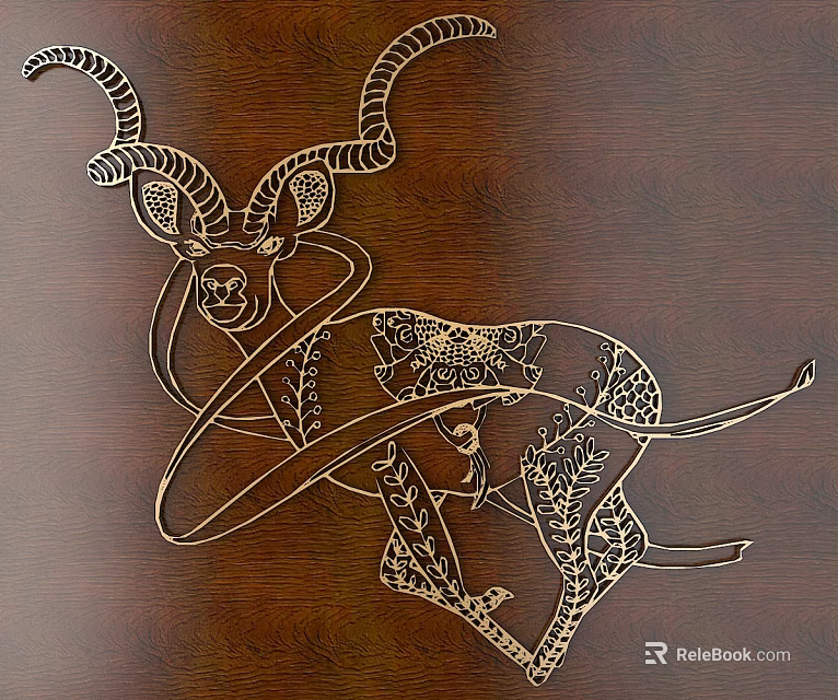 Intricate Detailed Artistic Carved Antelope Design on Brown Wooden Panel 3d model 
