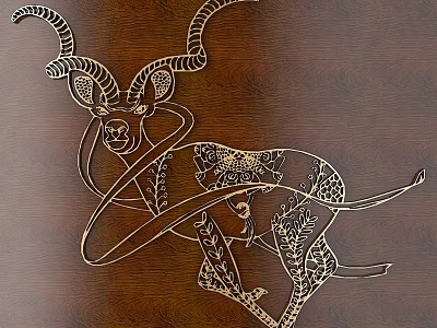 Intricate Detailed Artistic Carved Antelope Design on Brown Wooden Panel 3d model