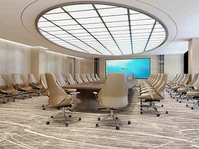 Modern Conference Room With Circular Ceiling Light Long Table Beige Chairs And Large Screen 3d model