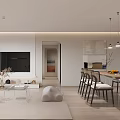Modern Living And Dining Room Interior With Open Layout Sofa Dining Table And Pendant Lighting 3d model