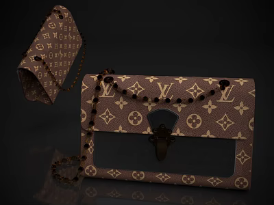 Brown Classic Monogram Pattern Handbags With Chain Strap And Metal Clasp Open Closed Designs 3d model