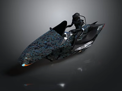 Modern Sporty Jet Ski With Dark Blue Pattern LED Lights And Rider On Board 3d model