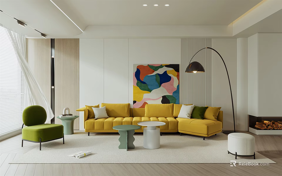 Modern Living Room Interior With Yellow Sofa Green Armchair Floor Lamp And Colorful Abstract Painting 3d model 