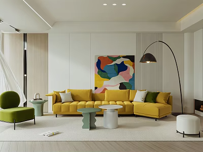 Modern Living Room Interior With Yellow Sofa Green Armchair Floor Lamp And Colorful Abstract Painting 3d model