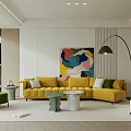 Modern Living Room Interior With Yellow Sofa Green Armchair Floor Lamp And Colorful Abstract Painting