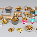 Assorted Fast Food Items Including Fries Chips Hot Dogs And Cold Drinks