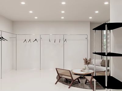 Modern Clothing Store Interior With Clothing Racks Seating Area And Shelves 3d model