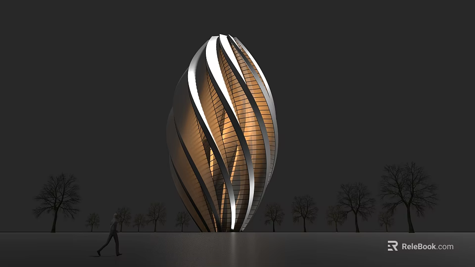 Modern Cultural Center Building With Spiral White Lines And Illuminated Interior Surrounded by Trees 3d model 