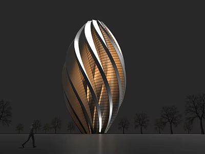 Modern Cultural Center Building With Spiral White Lines And Illuminated Interior Surrounded by Trees 3d model