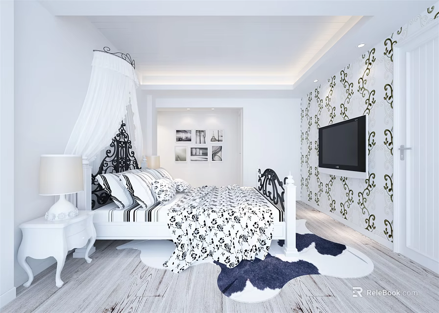 Hotel Guest Room With Black And White Patterned Bedding Pillows Nightstand TV And Wooden Floor 3d model 