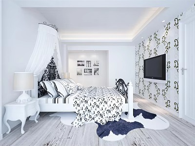 Hotel Guest Room With Black And White Patterned Bedding Pillows Nightstand TV And Wooden Floor 3d model