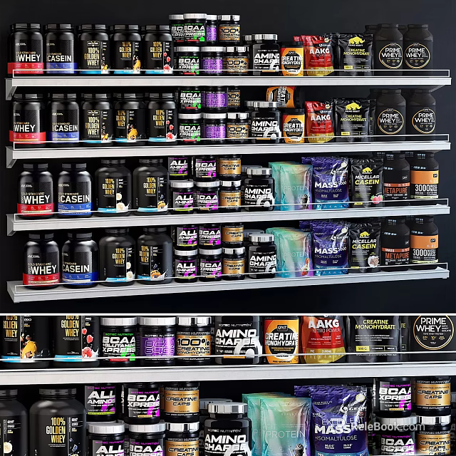 Various Fitness Supplements Including Whey Protein From Different Brands On Shelves 3d model 