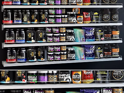 Various Fitness Supplements Including Whey Protein From Different Brands On Shelves 3d model