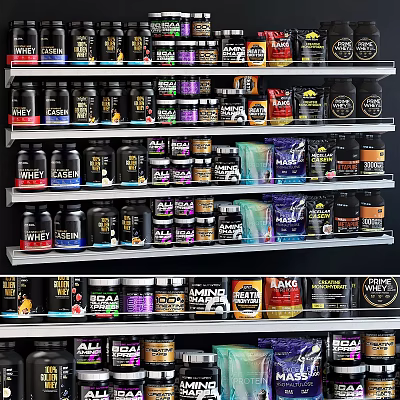 Various Fitness Supplements Including Whey Protein From Different Brands On Shelves 3d model