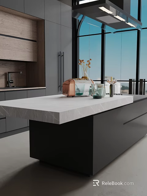 Modern Open Kitchen Interior Featuring Marble Island Countertop And Cabinet Storage 3d model 