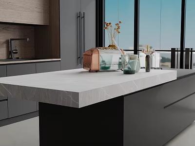 Modern Open Kitchen Interior Featuring Marble Island Countertop And Cabinet Storage 3d model