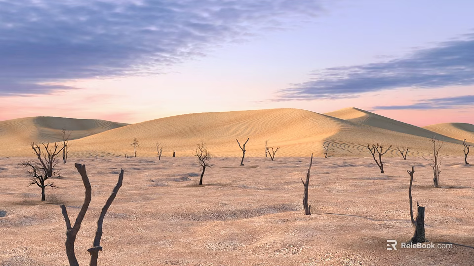 Stunning Arid Desert Landscape With Rolling Sand Dunes And Scattered Bare Dead Trees At Sunset 3d model 