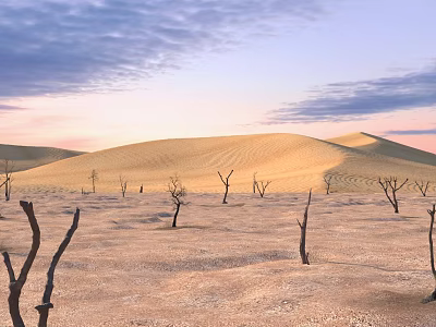 Stunning Arid Desert Landscape With Rolling Sand Dunes And Scattered Bare Dead Trees At Sunset 3d model