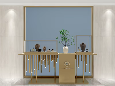 Elegant Modern Clothing Store Display With Gold Counters Decorative Items And Green Plant 3d model