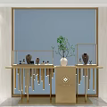 Elegant Modern Clothing Store Display With Gold Counters Decorative Items And Green Plant