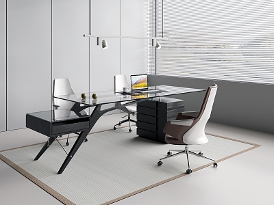 Office Table and Chair Combination Glass Desk Table Combination Cabinet Leather Swivel Chair Casual Office Chair Metal Chandelier Laptop Mobile Phone Watch Coffee model