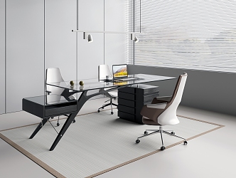 Office Table and Chair Combination Glass Desk Table Combination Cabinet Leather Swivel Chair Casual Office Chair Metal Chandelier Laptop Mobile Phone Watch Coffee 3d model