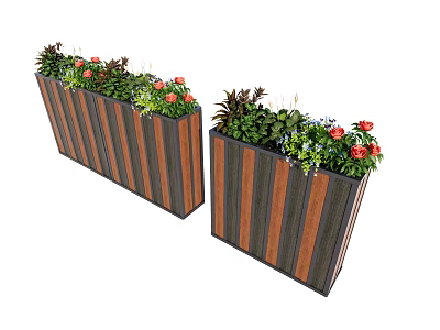 Garden Landscape With Wooden Striped Planters And Colorful Plants Red Flowers 3d model