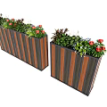 Garden Landscape With Wooden Striped Planters And Colorful Plants Red Flowers