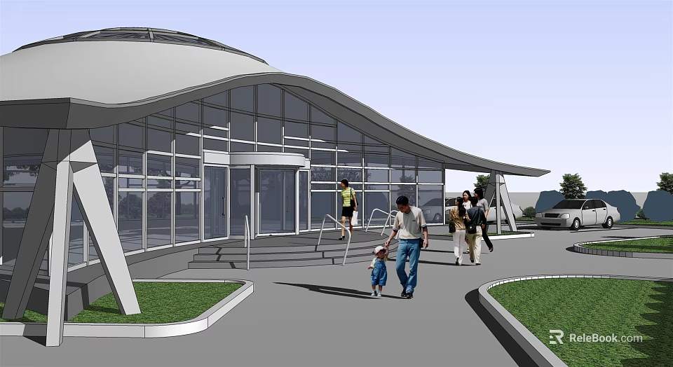 Modern Architectural Building With Glass Facade Circular Roof Steps Pedestrians And Lawn Area 3d model 