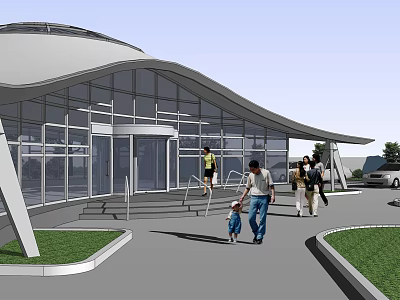 Modern Architectural Building With Glass Facade Circular Roof Steps Pedestrians And Lawn Area 3d model