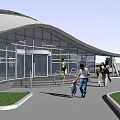 Modern Architectural Building With Glass Facade Circular Roof Steps Pedestrians And Lawn Area