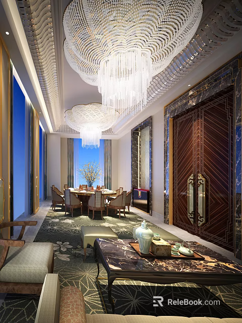 Luxurious Private Dining Room Interior With Chandelier Dining Table Chairs And Decorative Carpet 3d model 
