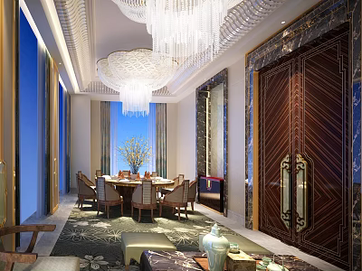 Luxurious Private Dining Room Interior With Chandelier Dining Table Chairs And Decorative Carpet 3d model