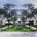 Modern Residential Landscape Design With Trees Lawn Sculpture And Water Feature