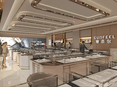 Elegant Modern Jewelry Store Interior With Glass Display Cases And Customers Shopping 3d model