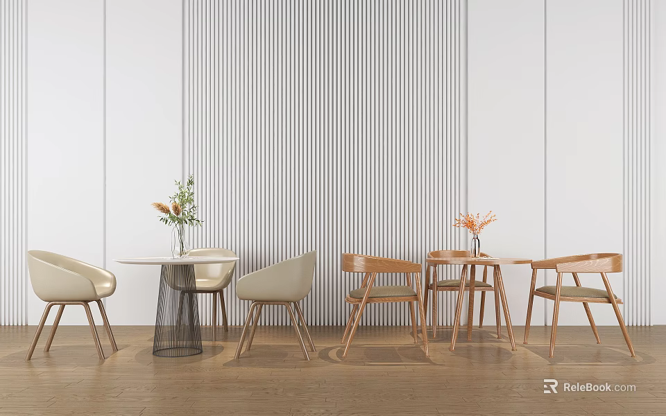 Light Colored Chairs And White Table Set With Vertical Striped Decor Wooden Flooring And Plants 3d model