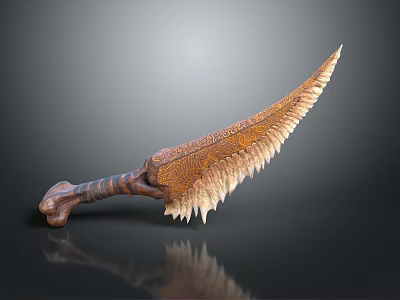 Unique Curved Blade Weapon With Feathered Serrated Edge And Brown Textured Bone Handle 3d model