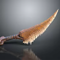 Unique Curved Blade Weapon With Feathered Serrated Edge And Brown Textured Bone Handle
