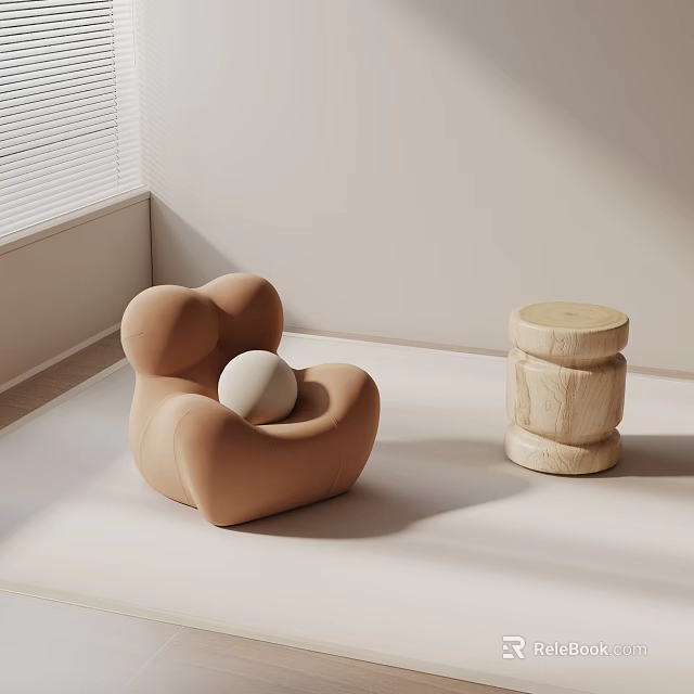 Beige Curved Leisure Chair With Round Pillow And Wooden Stool In Minimalist Room 3d model 