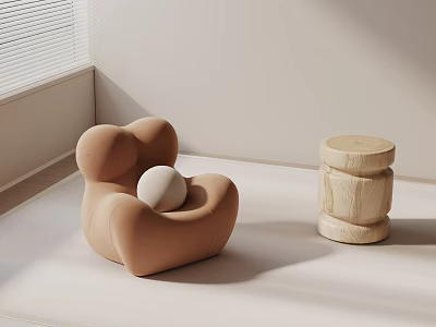 Beige Curved Leisure Chair With Round Pillow And Wooden Stool In Minimalist Room 3d model