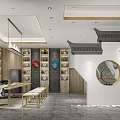 Modern Chinese Teahouse Interior With Wooden Furniture Tea Sets And Decorative Paintings